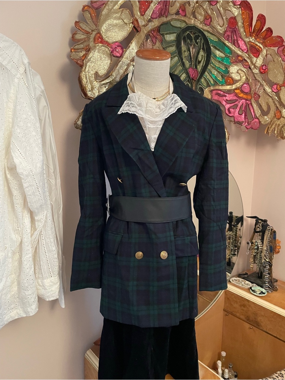 Plaid Double-Breasted Women's Wool Blazer Jacket with Gold Buttons- Green/Navy